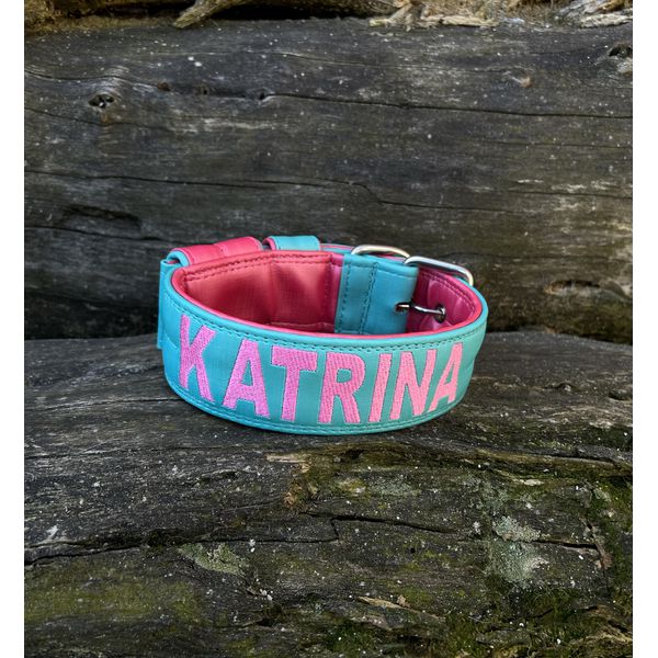 COLEIRA PERSONALIZADA 5cm azul tiffany/rosa com nome em rosa