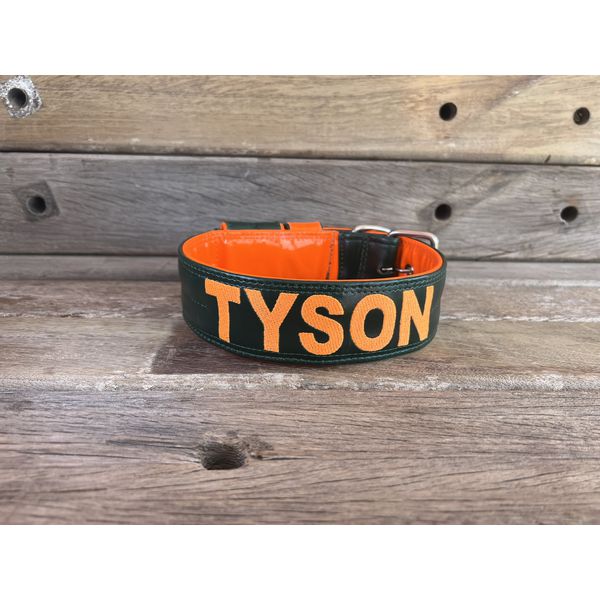COLEIRA PERSONALIZADA 5cm verde musgo/ laranja com nome em laranja