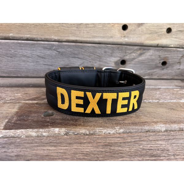 COLEIRA PERSONALIZADA 5cm preta com nome em amarelo petróleo