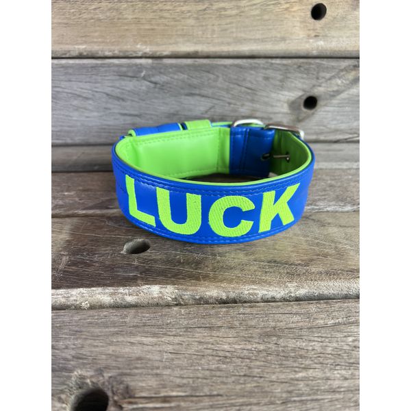 COLEIRA PERSONALIZADA 5cm azul bic/verde fluorescente com nome em verde fluorescente