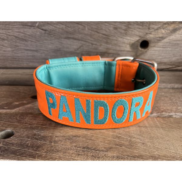 COLEIRA PERSONALIZADA 5cm laranja/tiffany com nome em tiffany