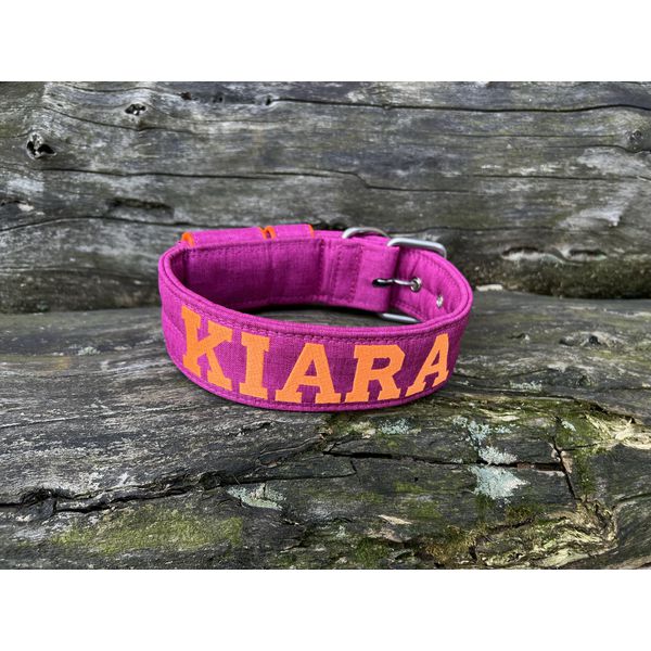COLEIRA PERSONALIZADA 5cm fúcsia riscado com nome em laranja fluorescente
