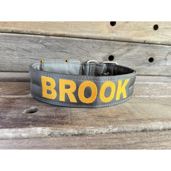 COLEIRA PERSONALIZADA 5cm cinza chumbo com nome em amarelo petróleo