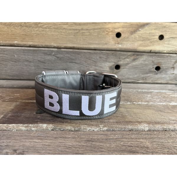 COLEIRA PERSONALIZADA 5cm cinza chumbo com nome em branco