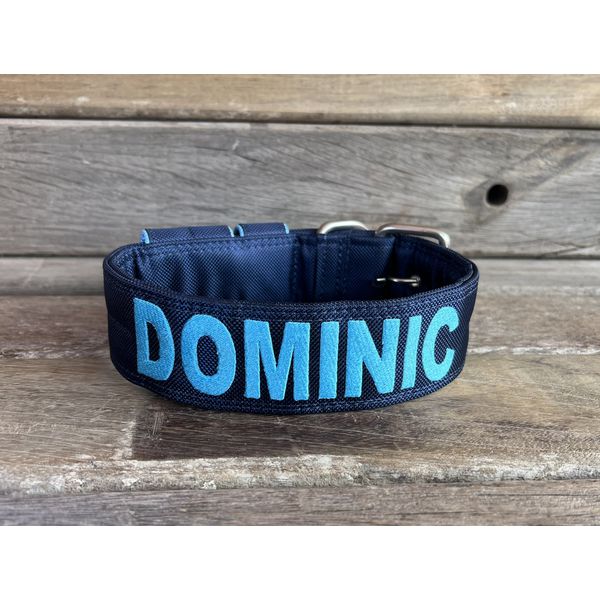COLEIRA PERSONALIZADA 5cm azul marinho com nome em azul bebê