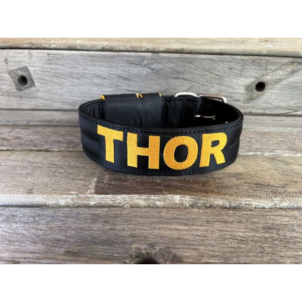 COLEIRA PERSONALIZADA 5cm preta com nome em amarelo petróleo