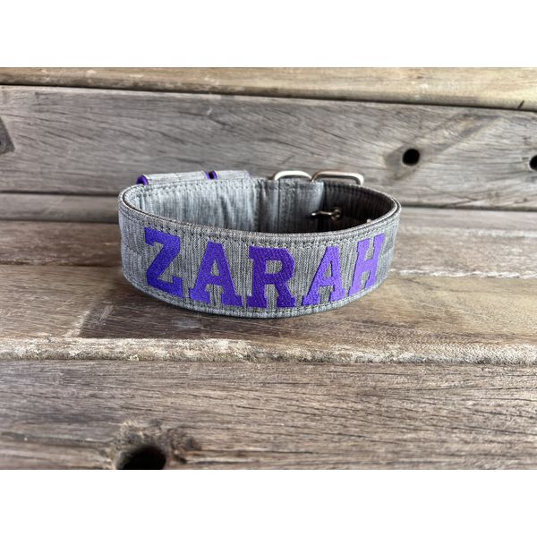 COLEIRA PERSONALIZADA 5cm cinza riscado com nome em roxo