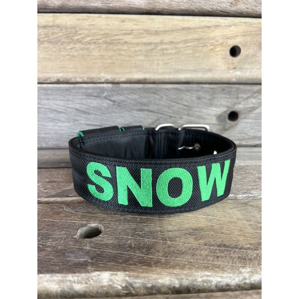 COLEIRA PERSONALIZADA 5cm preta com o nome em verde bandeira