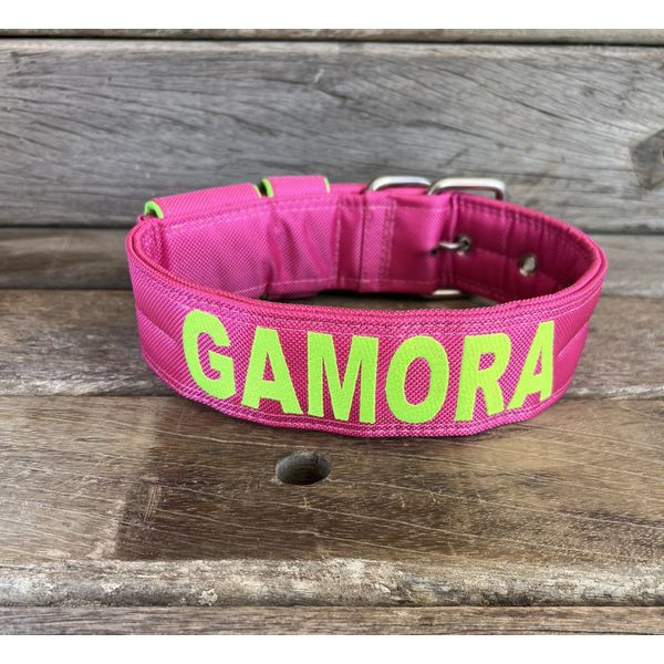 COLEIRA PERSONALIZADA 5cm rosa com nome em verde fluorescente