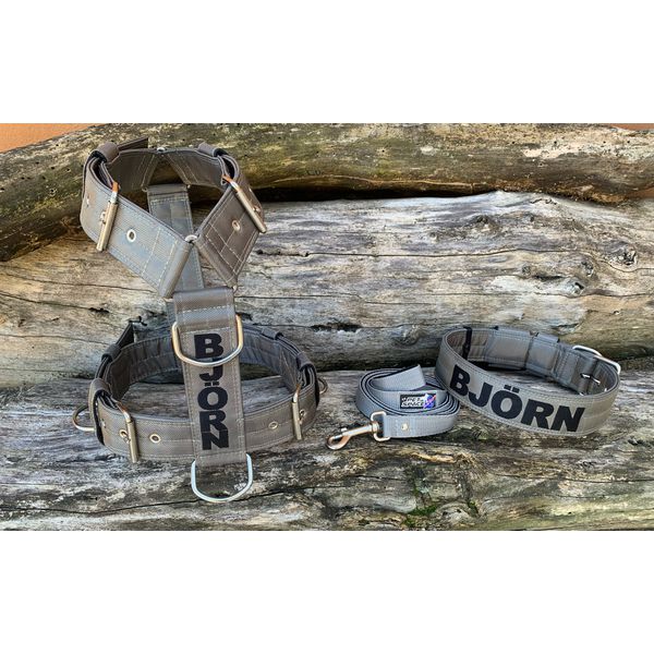 KIT PEITORAL PREMIUM PERSONALIZADO, COLEIRA PERSONALIZADA E GUIA DE PASSEIO cinza chumbo com preto