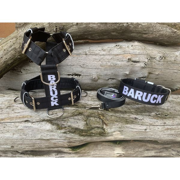 KIT PEITORAL PREMIUM PERSONALIZADO, COLEIRA PERSONALIZADA E GUIA DE PASSEIO preto e branco