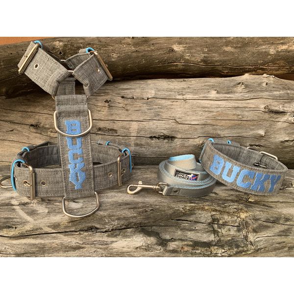 KIT PEITORAL PERSONALIZADO POLIÉSTER COMUM, COLEIRA PERSONALIZADA E GUIA DE PASSEIO cinza riscado e azul bebê