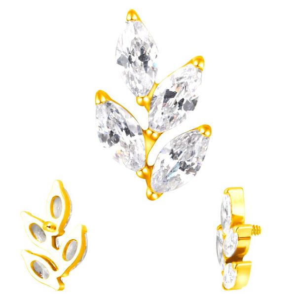  Labret- 04 Pedras Zircônias em Formato de Folha, Rosca Interna, Titânio