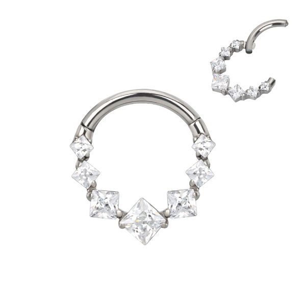 Argola Titanio Segmentada Com 07 Pedras Quadradas Em Zircônia Natural