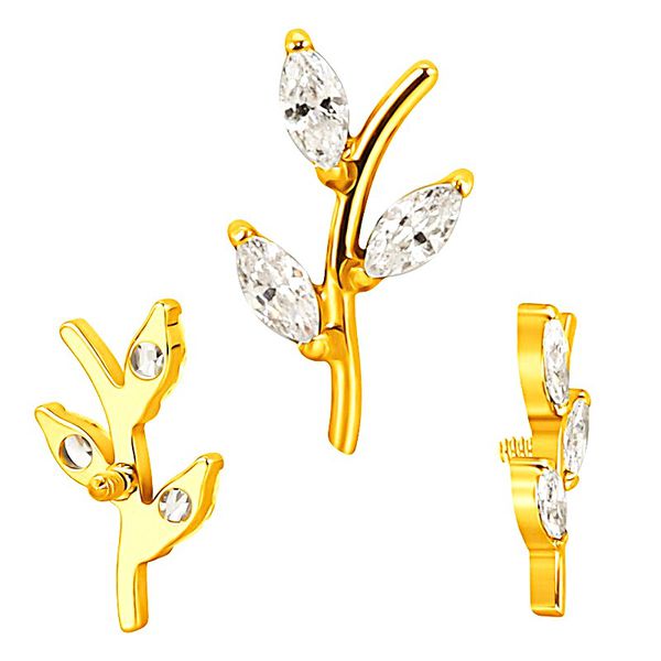 Labret , Galho 03 folhas CZ lapidadas Pedras cravadas 