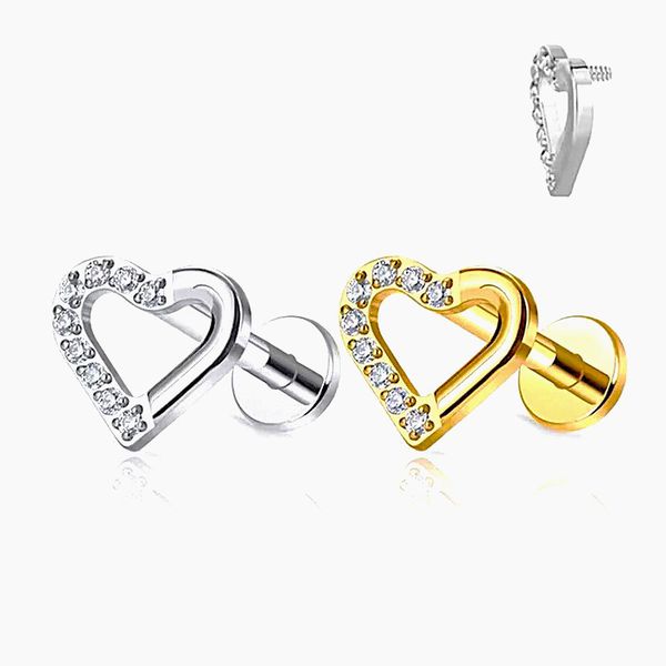  Labret Titânio, Coração Cravejado Com Pedraria Zircônia