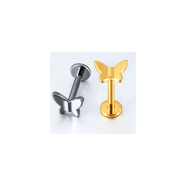 Piercing Labret Borboleta Titânio/ Pvd Gold 100% Hipoalergênico Rosca Interna