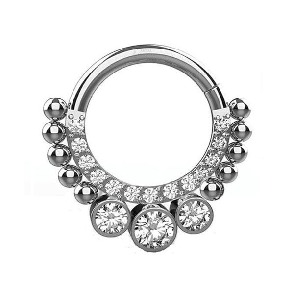 Argola Click Titânio 3 Pedras Zircônias c /bolinhas
