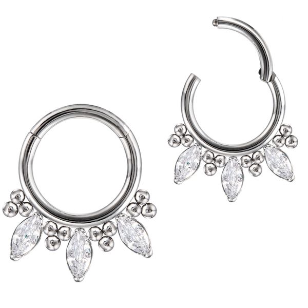Argola Em Titanio Com 03 Pedra Navete Em Zirconia e Bolinhas Tribais