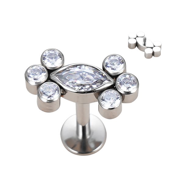 Labret 01 Pedra Cz Navete Central Com 6 Pedras Zircônia Redondas