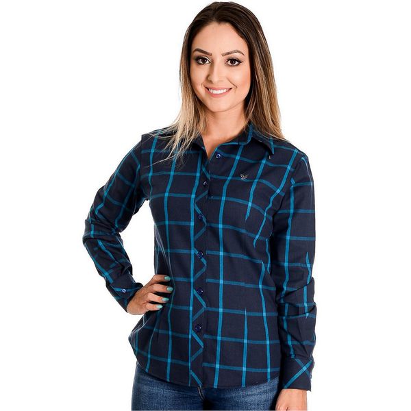 Blusa Feminina Xadrez Azul Manga Longa Giullia