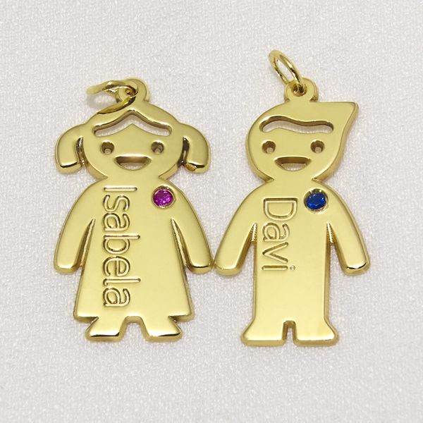 Pingente em Ouro 18k casal de irmãos com pedra colorida e nome personalizado - Pingente