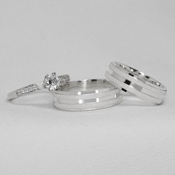 Aliança em Prata + Anel Solitario com acabamento diamantado Bridal Elegance - Combo