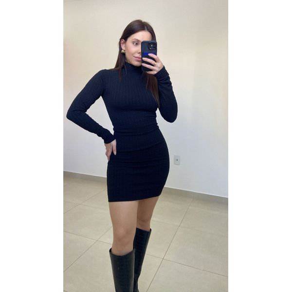 Vestido Manga Longa Curto Textura Preto