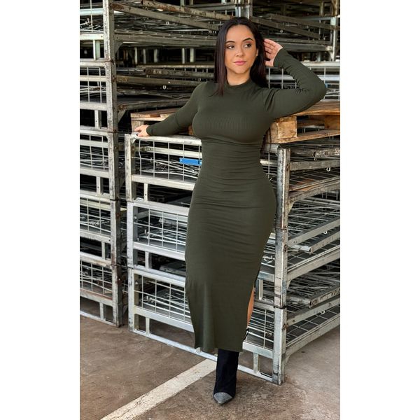 Vestido Longo Manga Longa Verde Militar