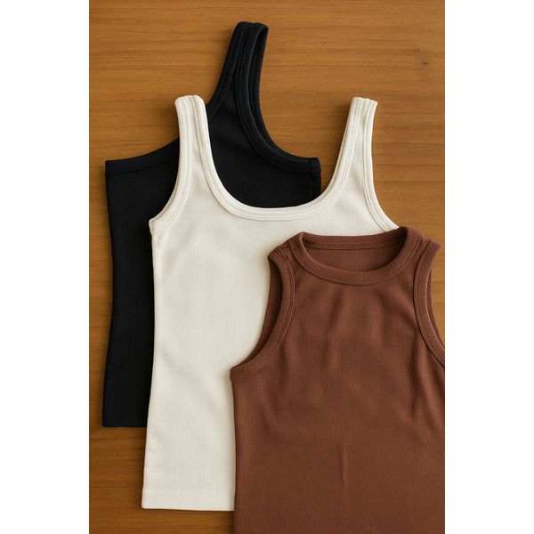 Kit Essencial - Nula Manga Preta, Regata Quadrada Branca e Regata Ribana marrom