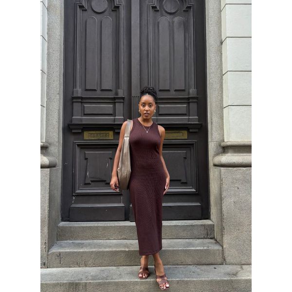 Vestido Longo Malha Ribana Marrom