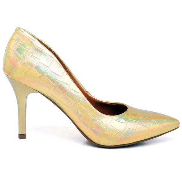 Scarpin Croco Holográfico Dourado Salto Médio