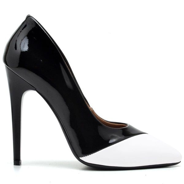 Scarpin Multicolor Verniz Preto e Branco Salto Alto