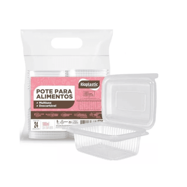 Pote Plástico PP Retangular Rioplastic com Tampa 1000ml c/06x24 und