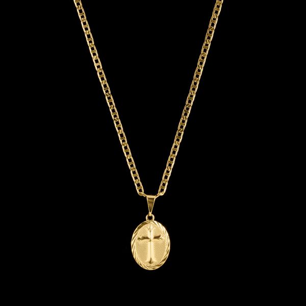 Corrente Piastrini(2mm) + Pingente Plaquina Cruz - 1,5x1cm - Banhado a Ouro 18K