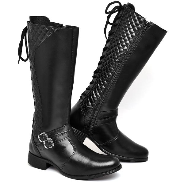 Bota Feminina Cano Longo de Amarrar com Zíper Detalhes e Fivela em Sintético do 33 ao 40