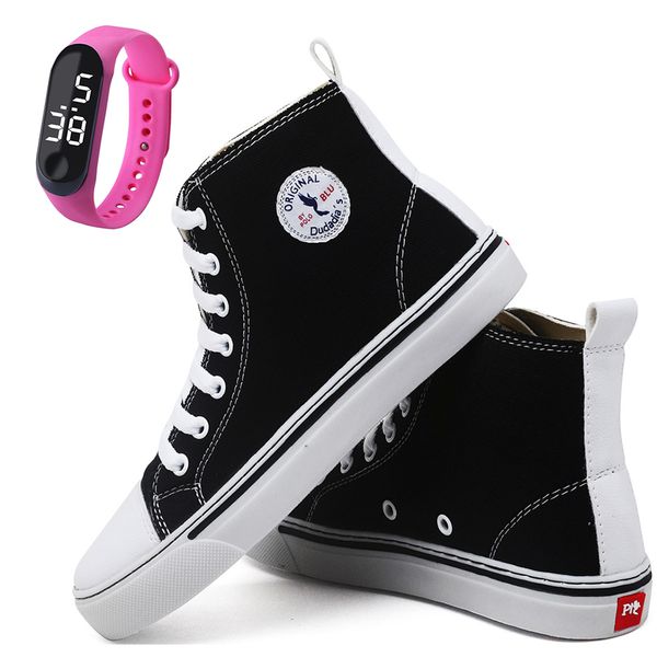 Kit Tênis Feminino Star Cano Alto Casual Basico de Amarrar Classico All Confortavel Relogio Digital