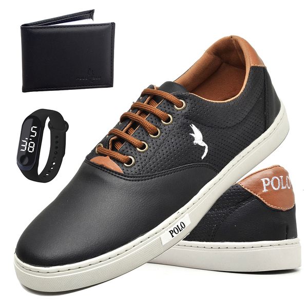 Kit Tênis Casual Masculino Homem Couro Ecologico Moderno Relogio Digital e Carteira