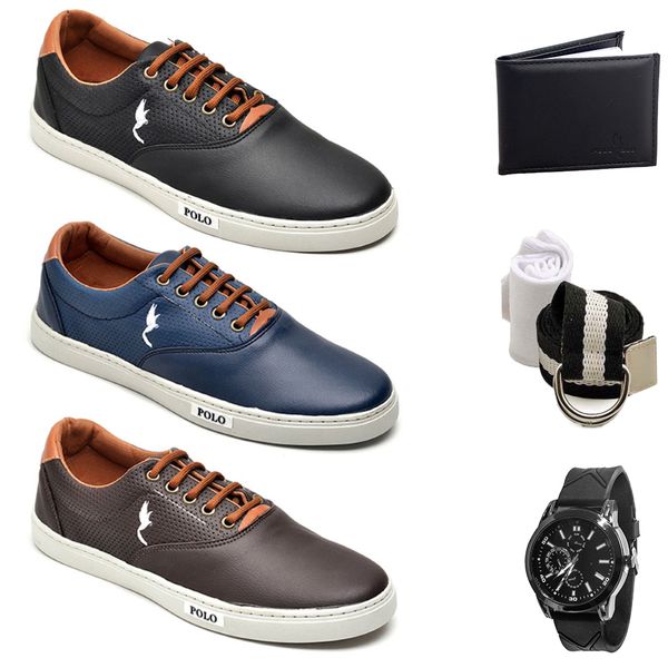 kit 3 pares Tênis Casual Masculino Homem Couro Ecologico Moderno Relogio Digital Carteira Cinto e Meia