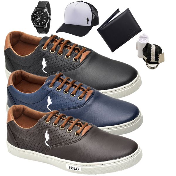 kit 3 pares Tênis Casual Masculino Homem Couro Ecologico Moderno Relogio Digital Carteira Cinto Meia e Boné
