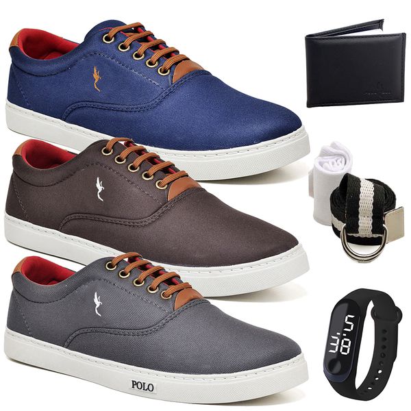 Kit 3 Pares Sapatenis Masculino Casual Cano Baixo Super Leve e Confortável Polo Blu Carteira Relogio Digital Cinto e Meia