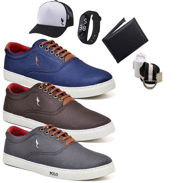 Kit 3 Pares Sapatenis Masculino Casual Cano Baixo Super Leve e Confortável Polo Blu Carteira Relogio Digital Cinto Meia e Bone