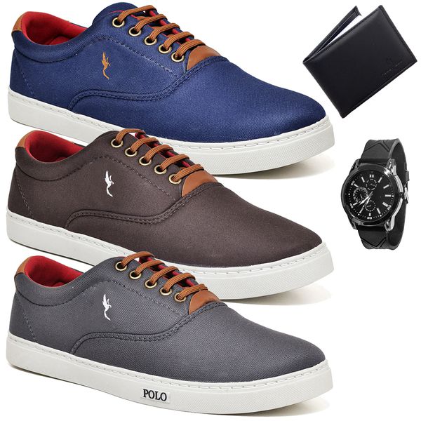 Kit 3 Pares Sapatenis Masculino Casual Cano Baixo Super Leve e Confortável Polo Blu Carteira e Relogio