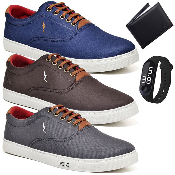 Kit 3 Pares Sapatenis Masculino Casual Cano Baixo Super Leve e Confortável Polo Blu Carteira e Relogio Digital
