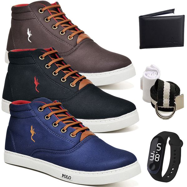 Kit 3 Pares Tenis Sapatenis Masculino Casual Botinha Cano Alto Variedade Polo Blu Carteira Relogio Digital Cinto e Meia 