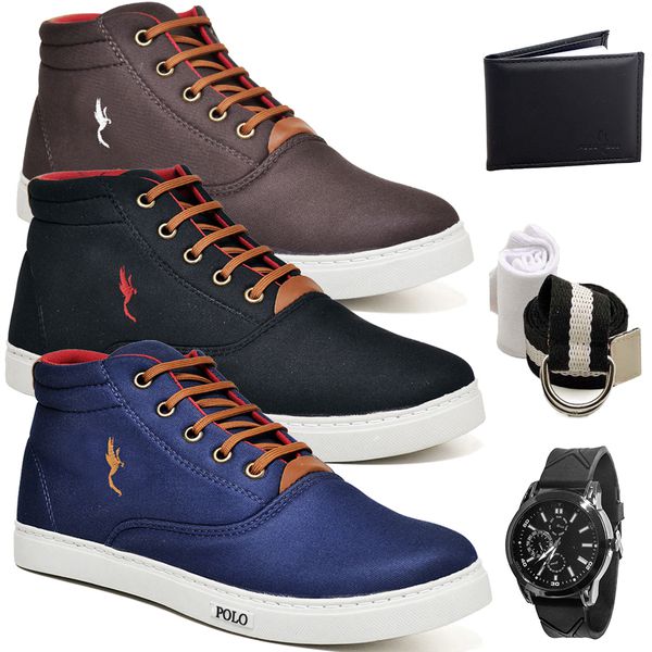 Kit 3 Pares Tenis Sapatenis Masculino Casual Botinha Cano Alto Variedade Polo Blu Carteira Relogio Cinto e Meia