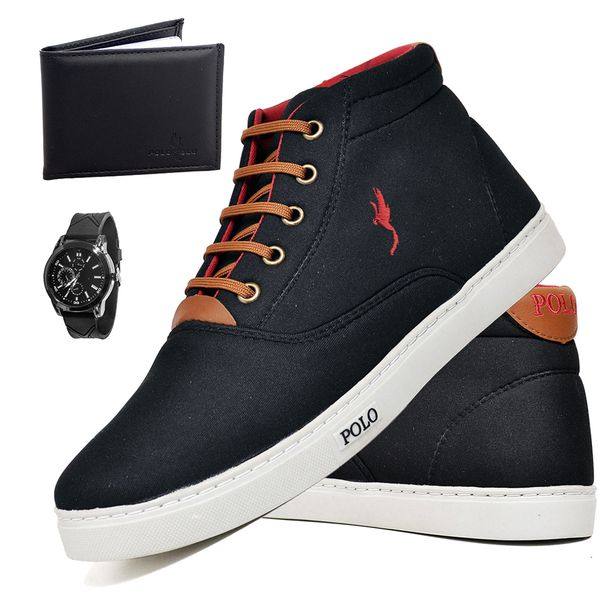 Kit Tenis Sapatenis Masculino Casual Cano Alto Confortavel Polo Blu Carteira e Relogio