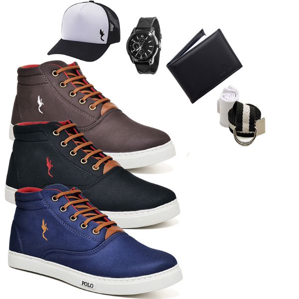 Kit 3 Pares Tenis Sapatenis Masculino Casual Botinha Cano Alto Polo Blu Carteira Relogio Cinto Meia e Bone