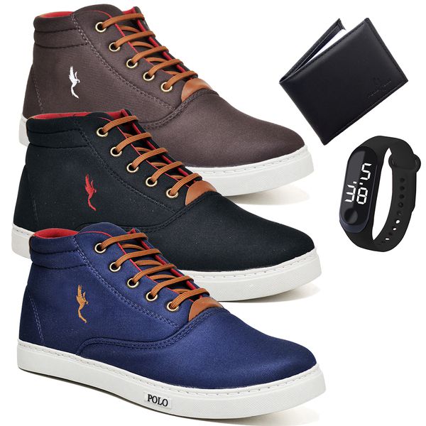 Kit 3 Pares Tenis Sapatenis Masculino Casual Botinha Cano Alto Variedade Polo Blu Carteira e Relogio Digital