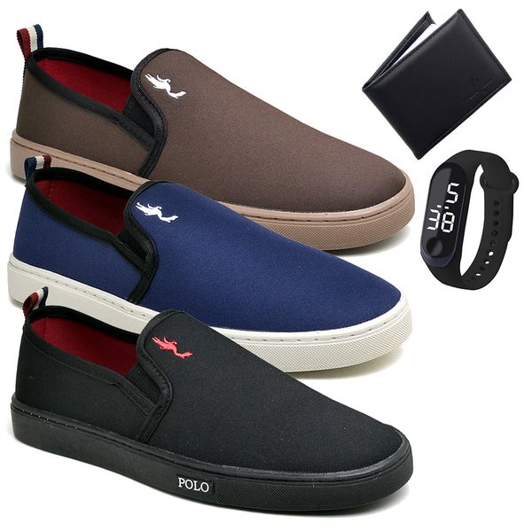 Kit 3 Pares Tenis Sapatenis Masculino Slip On Confortavel Facil de Calçar Sem Cadarço Carteira e Relogio Digital